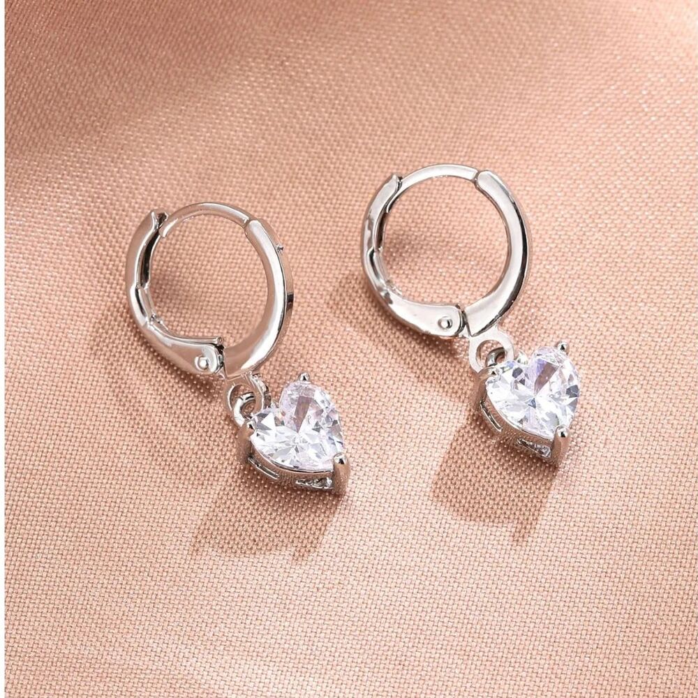 Clear Heart Zirconia Crystal Hoop Dangle Earrings Silver Gemstone Drop Pendant